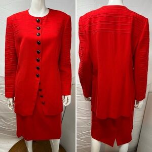 Louis Feraud Vintage Women's 14 Red Wool Blazer Jacket & Skirt Designer Suit